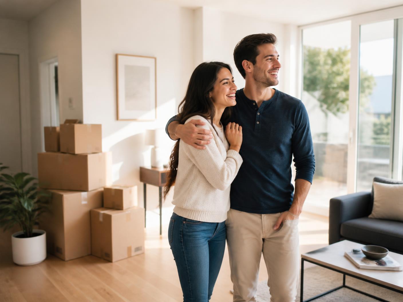 Couple standing in a bright living room beside stacked moving boxes before their move
